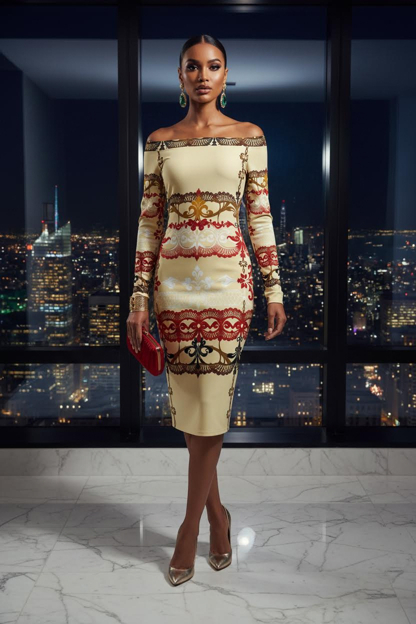 Ivory off shoulder midi dress for elegant wedding guest and formal daytime events USA S to 6XL