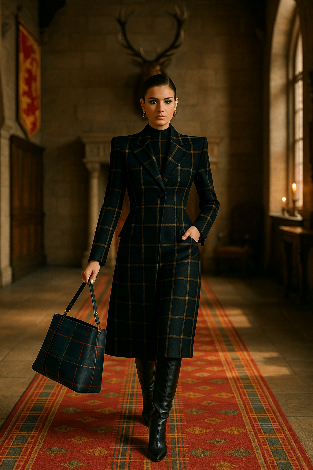 Woman carrying Kintail tartan bucket handbag in a matching plaid coat walking indoors