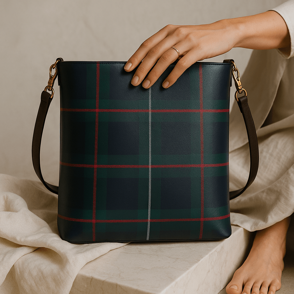Kintail tartan bucket handbag with dark green and red plaid pattern held by hand from Angelic Blessings Shop