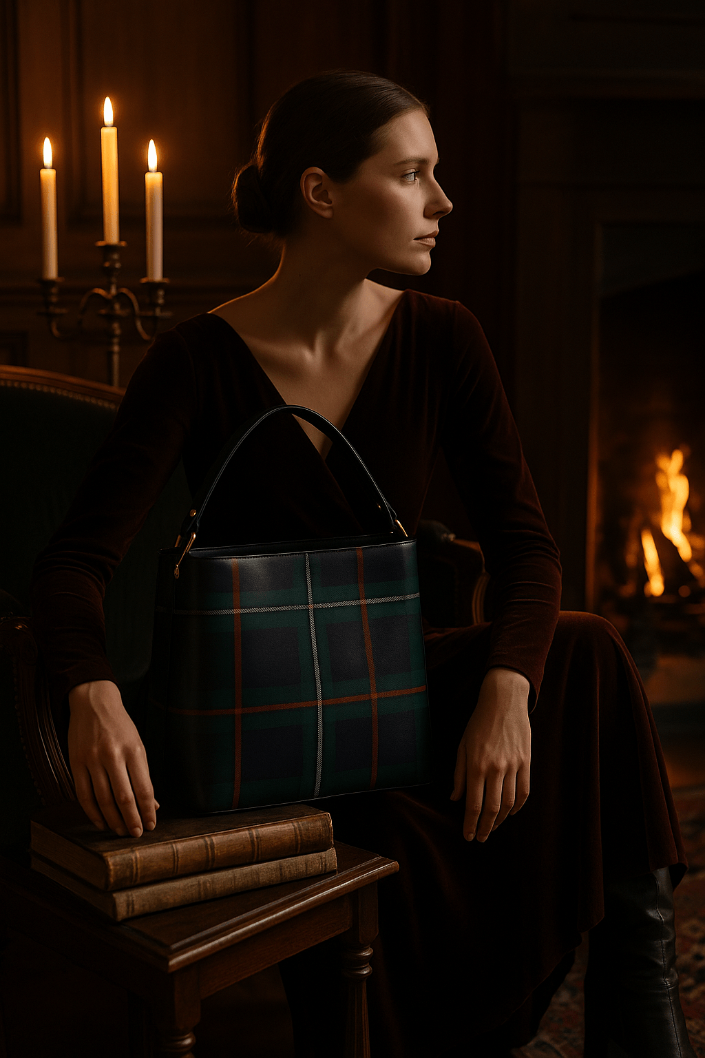 Woman holding Kintail tartan bucket handbag from Angelic Blessings Shop sitting by candlelight and fireplace
