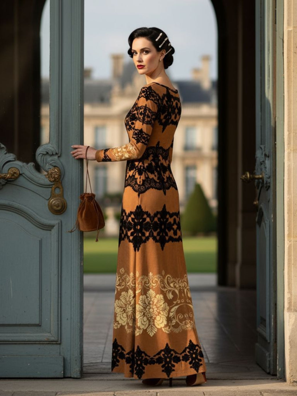 Kira Brown Baroquet Womens  Velvet Shine Maxi Dress-XS-6XL - Angelic Blessings