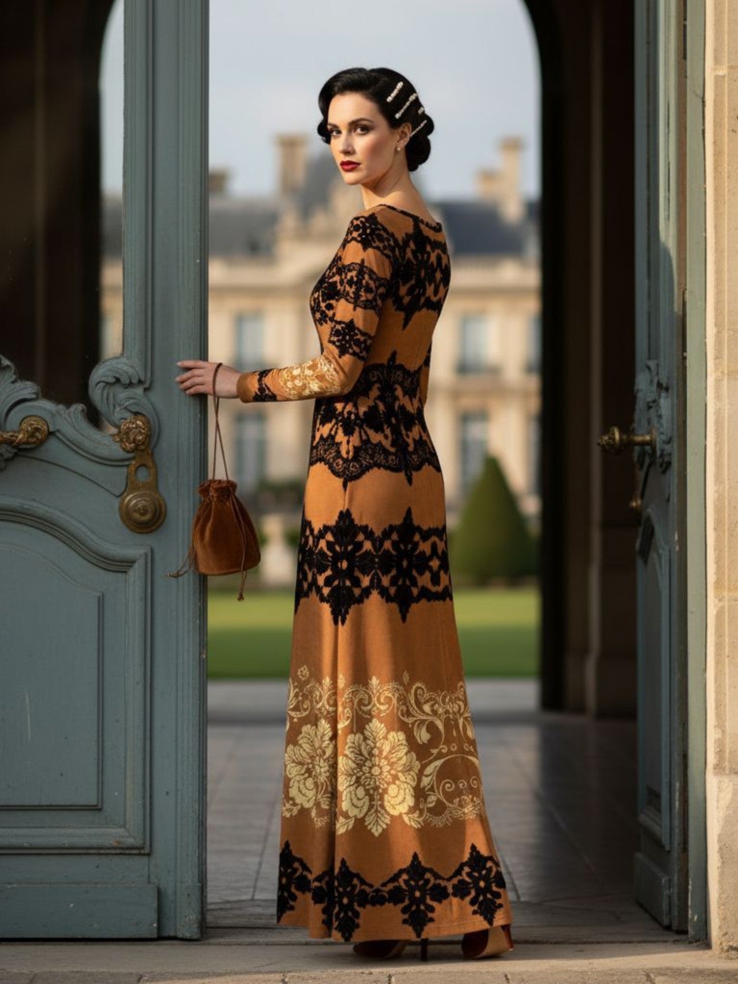 Kira Brown Baroquet Womens  Velvet Shine Maxi Dress-XS-6XL - Angelic Blessings