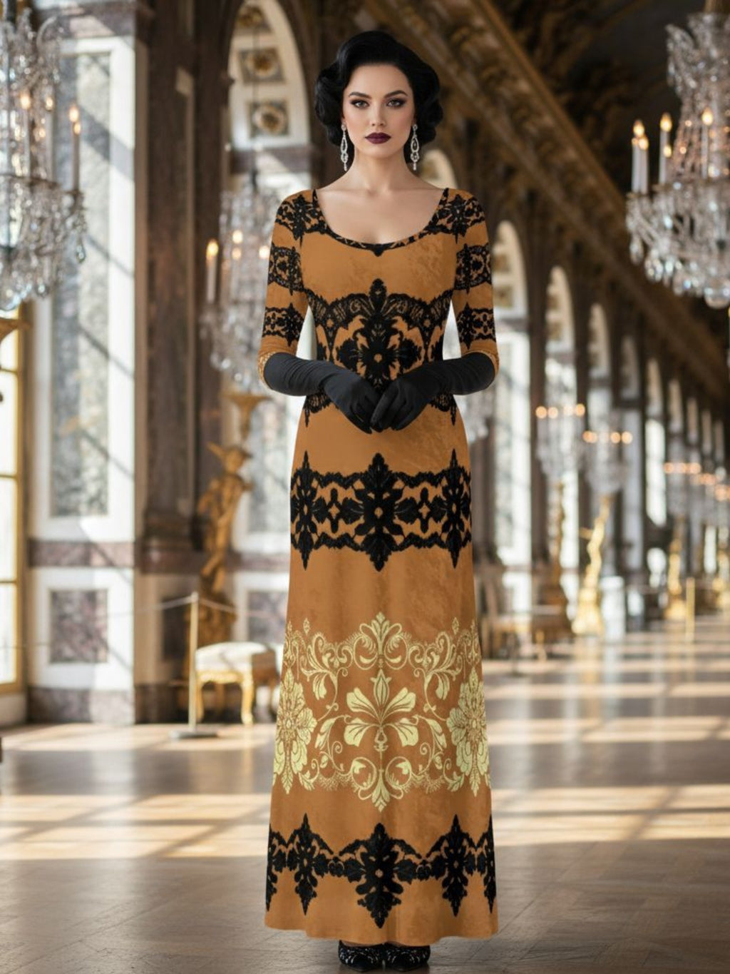 Kira Brown Baroquet Womens  Velvet Shine Maxi Dress-XS-6XL - Angelic Blessings