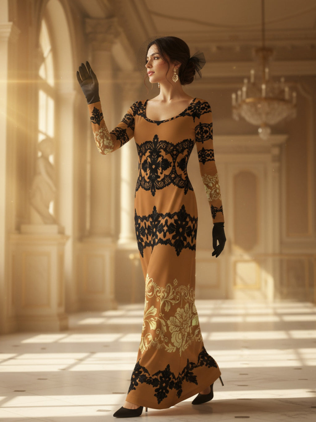 Kira Brown Baroquet Womens  Velvet Shine Maxi Dress-XS-6XL - Angelic Blessings