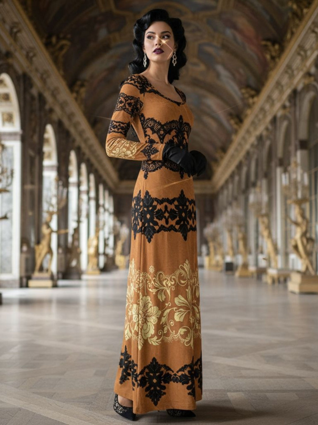 Kira Brown Baroquet Womens  Velvet Shine Maxi Dress-XS-6XL - Angelic Blessings