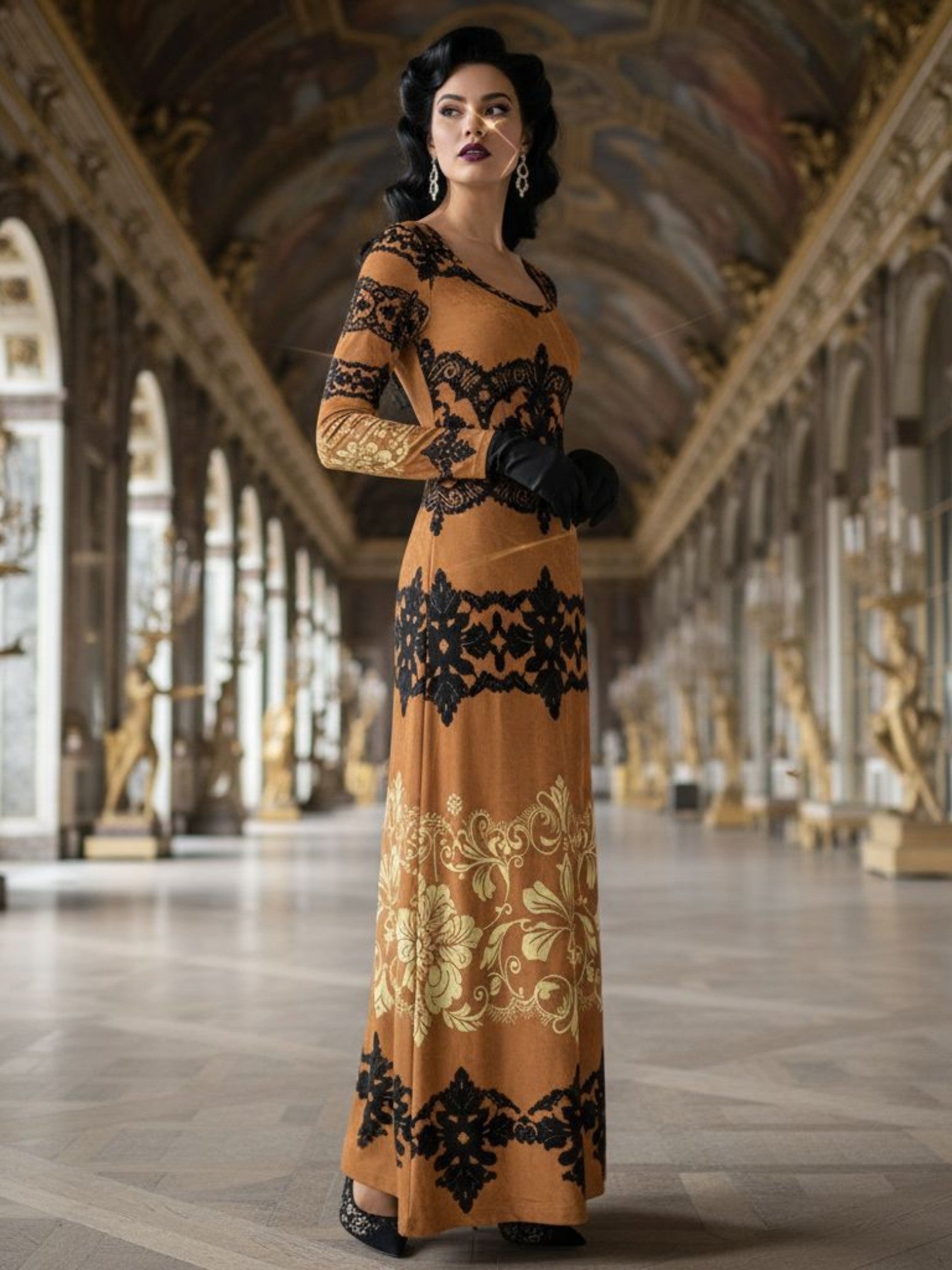 Kira Brown Baroquet Womens  Velvet Shine Maxi Dress-XS-6XL - Angelic Blessings