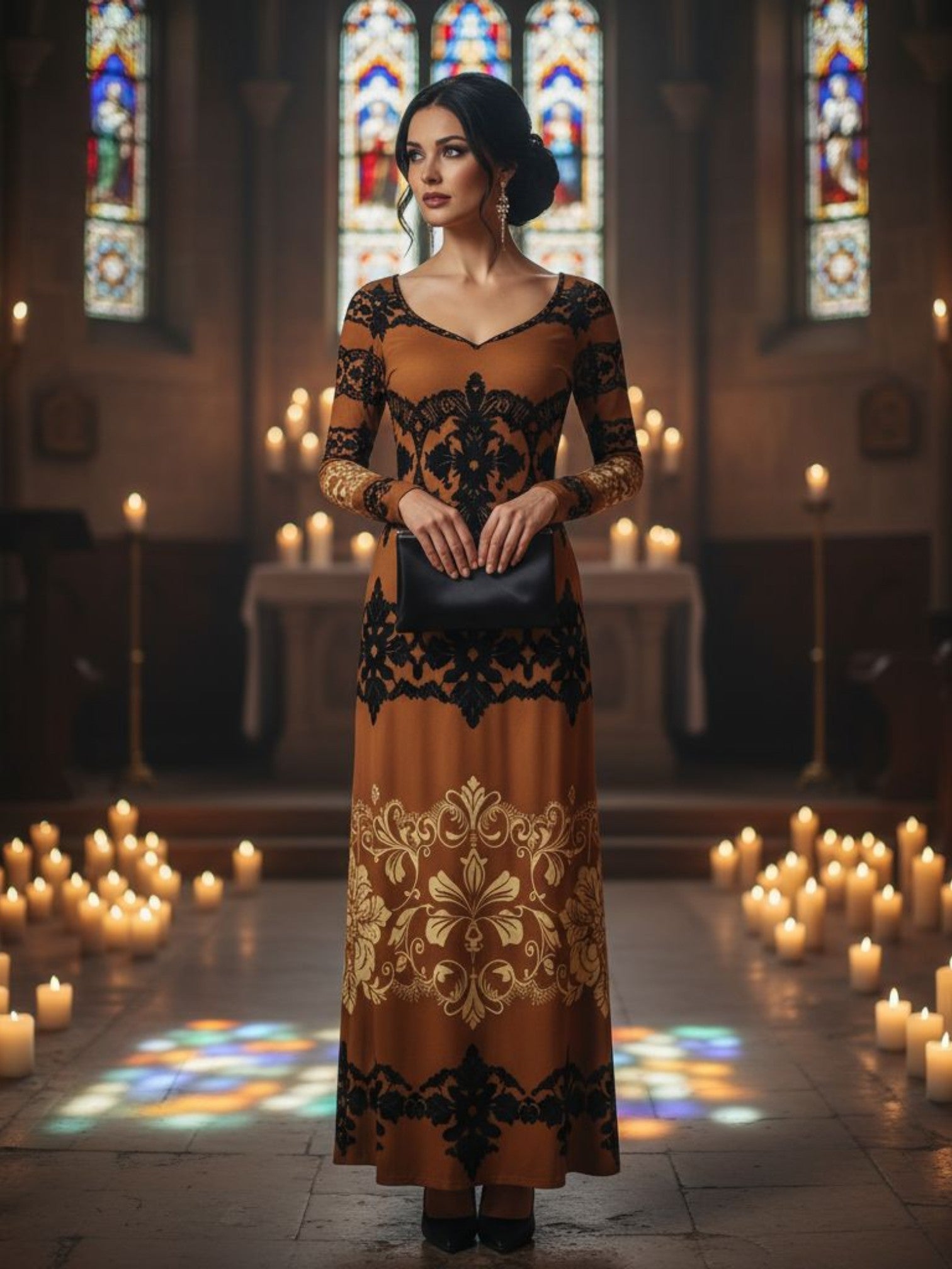 Kira Brown Baroquet Womens  Velvet Shine Maxi Dress-XS-6XL - Angelic Blessings