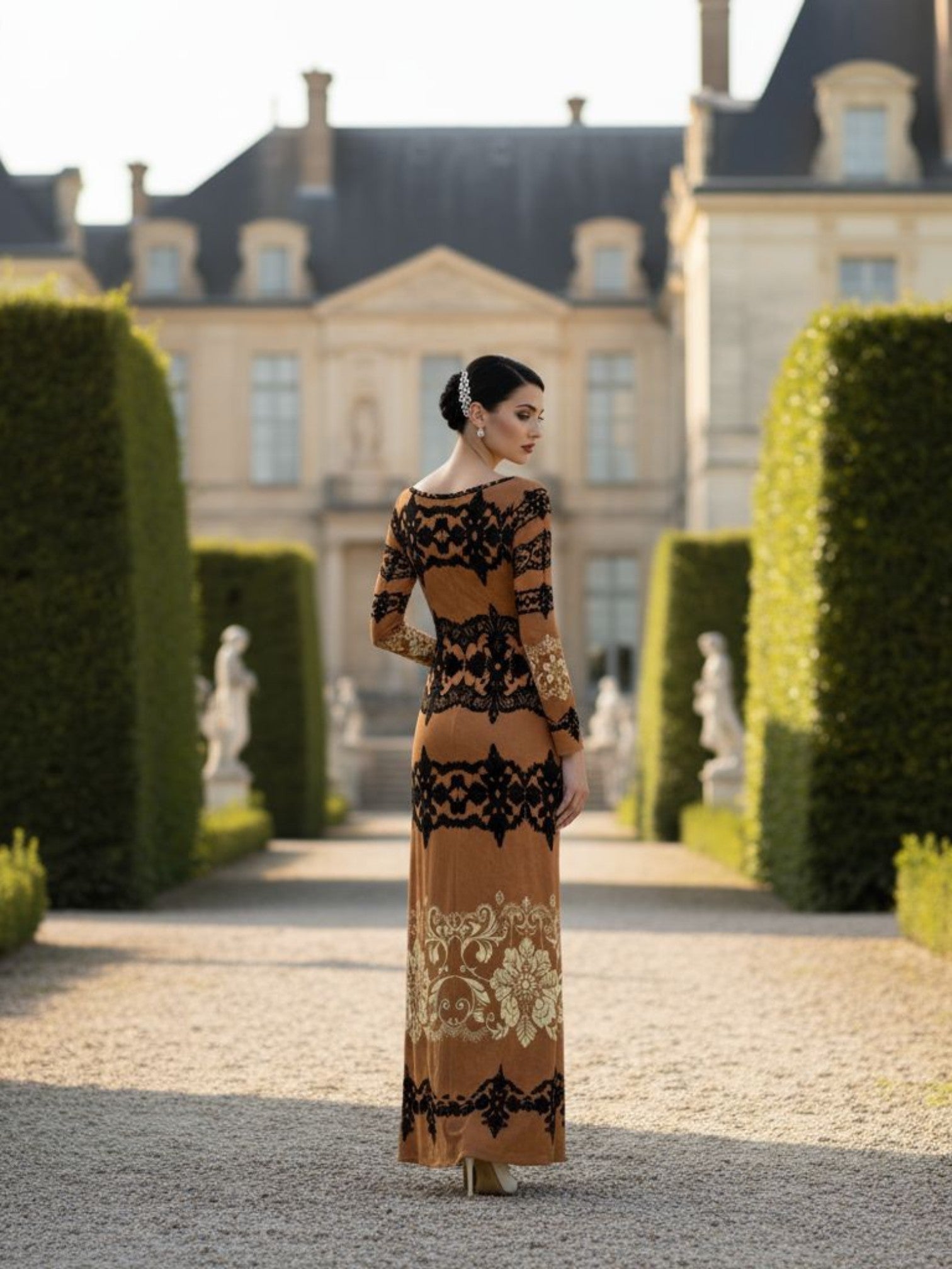 Kira Brown Baroquet Womens  Velvet Shine Maxi Dress-XS-6XL - Angelic Blessings