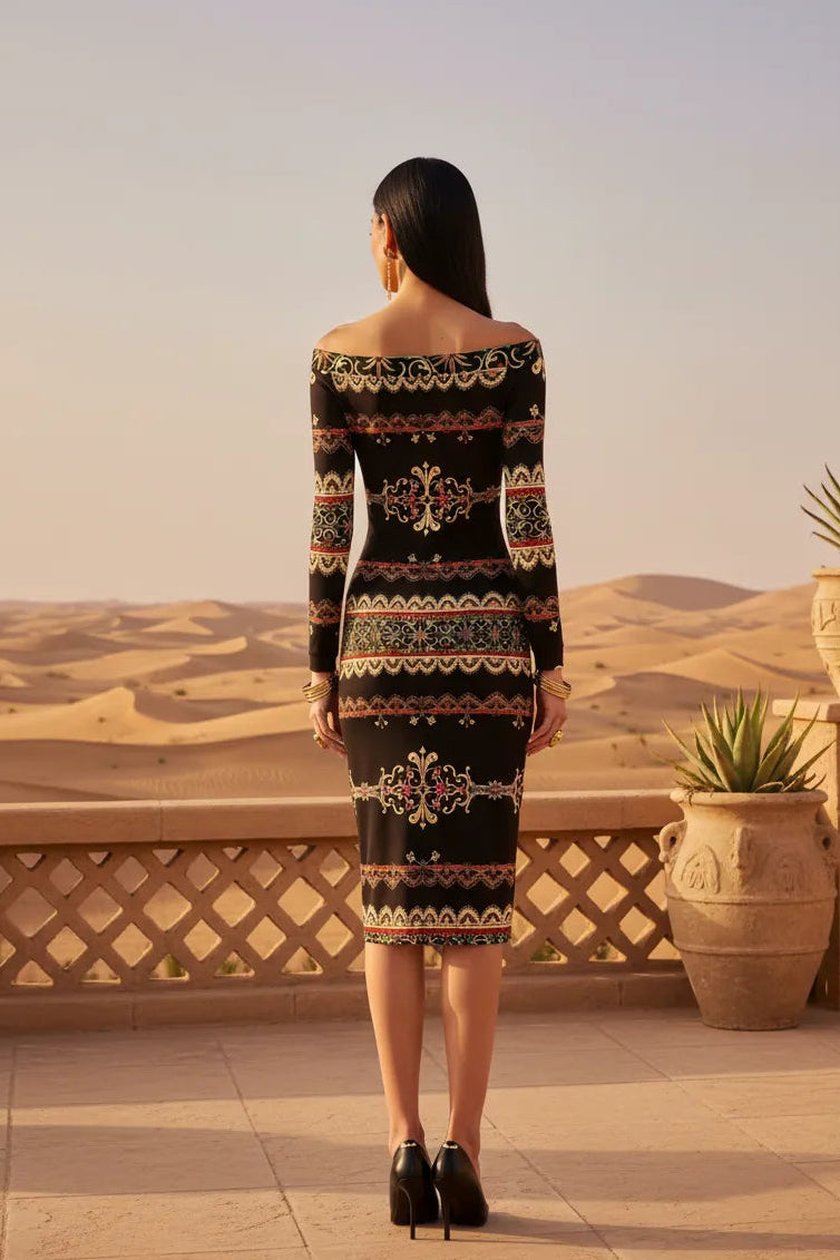 Back view of off-the-shoulder midi dress for women showing clean neckline and bodycon silhouette