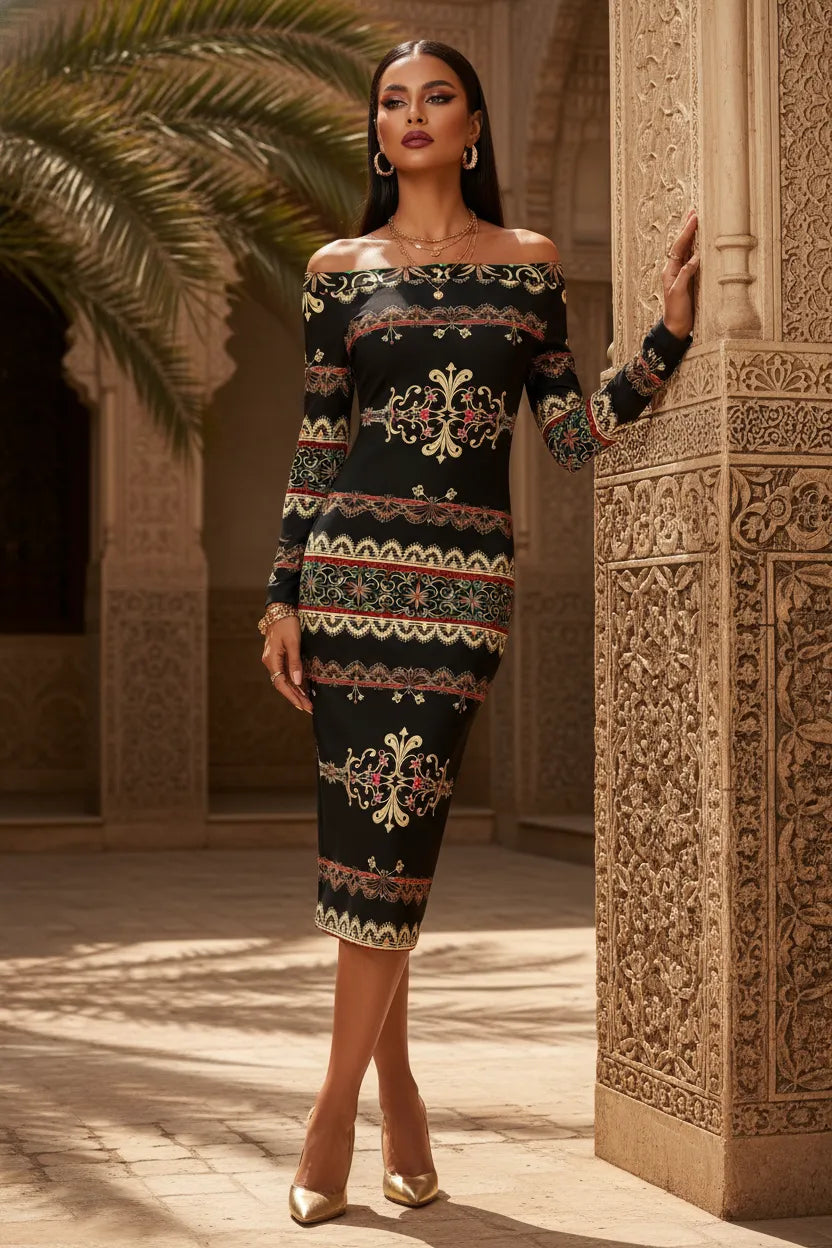 Lira women’s off-the-shoulder midi dress with long sleeves, luxury bodycon wrap silhouette, elegant evening wear