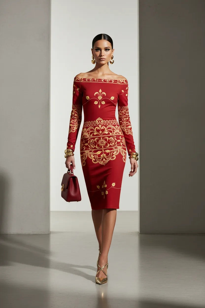 Luxury baroque midi dress styled in a dark feminine fashion editorial setting.