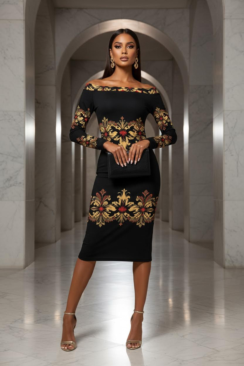 Elegant black and gold bodycon midi evening dress with baroque print fitted silhouette