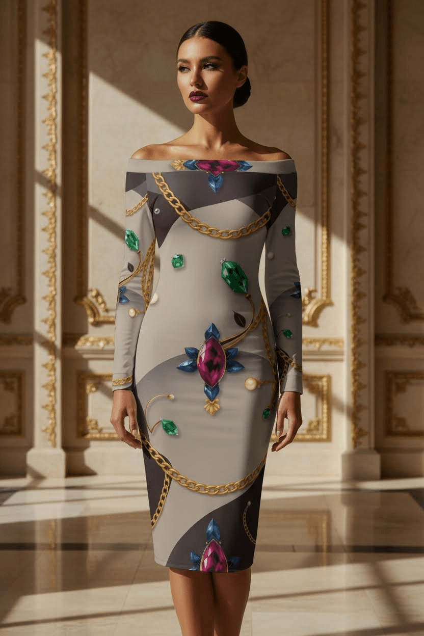 Luxury black tie off shoulder midi dress with long sleeves, sophisticated evening dress for formal occasions