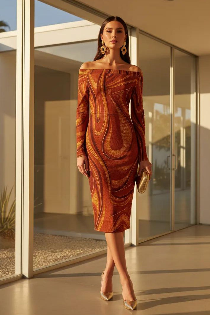 Brown Gold Mosaic Off-Shoulder Dress Long Sleeve Bodycon Wrap Brown Gold Mosaic Off-Shoulder Dress Long Sleeve Bodycon Wrap