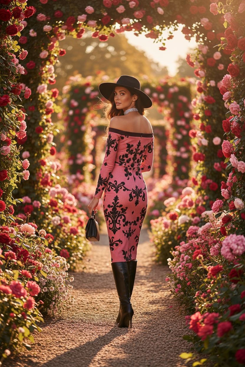 Woman wearing a luxury European style cocktail dress in pink with black patterns walking through a floral garden arch