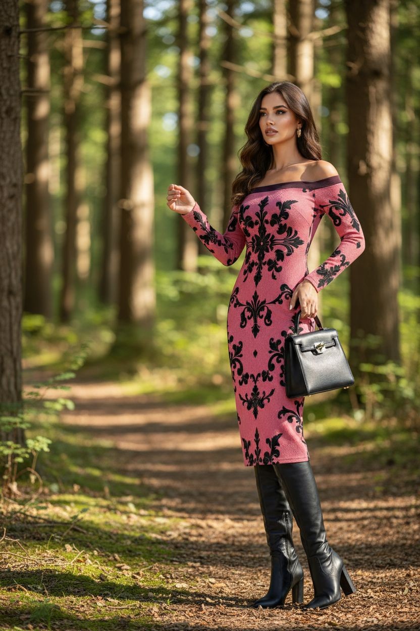 Woman wearing luxury European style cocktail dress pink with black floral patterns in forest setting