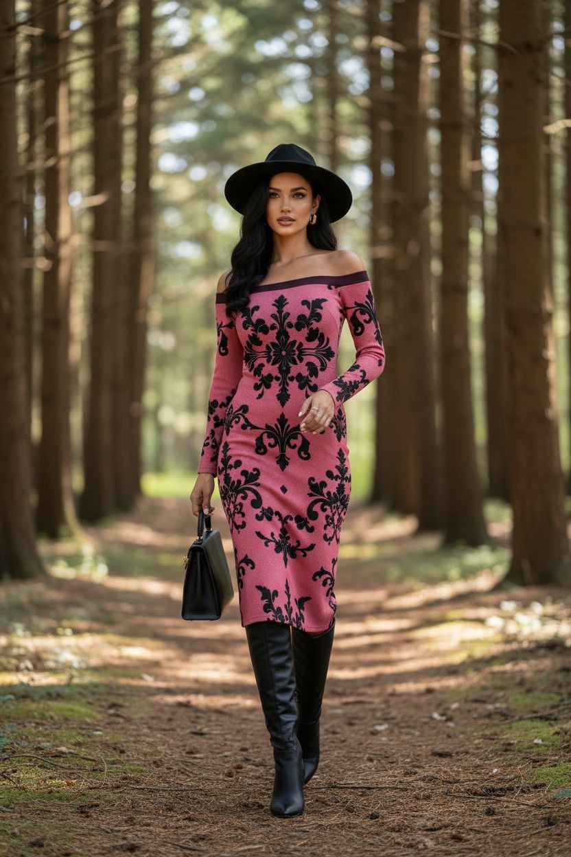 Luxury European style cocktail dress in pink with black floral patterns worn with black boots and hat