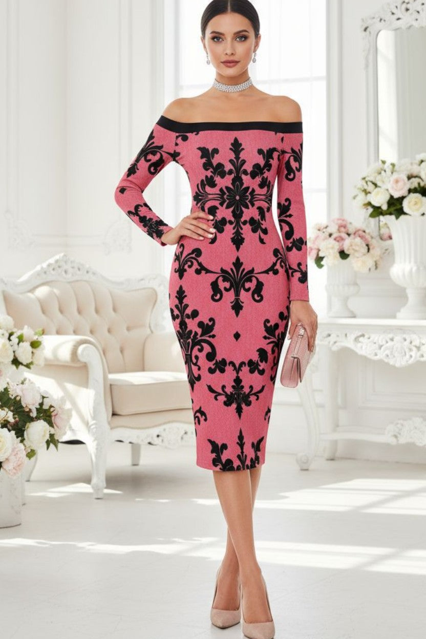 Luxury European style cocktail dress in pink with black floral pattern and off-shoulder design