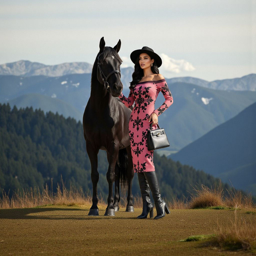 Woman wearing luxury European style cocktail dress in pink with black patterns standing next to a black horse outdoors