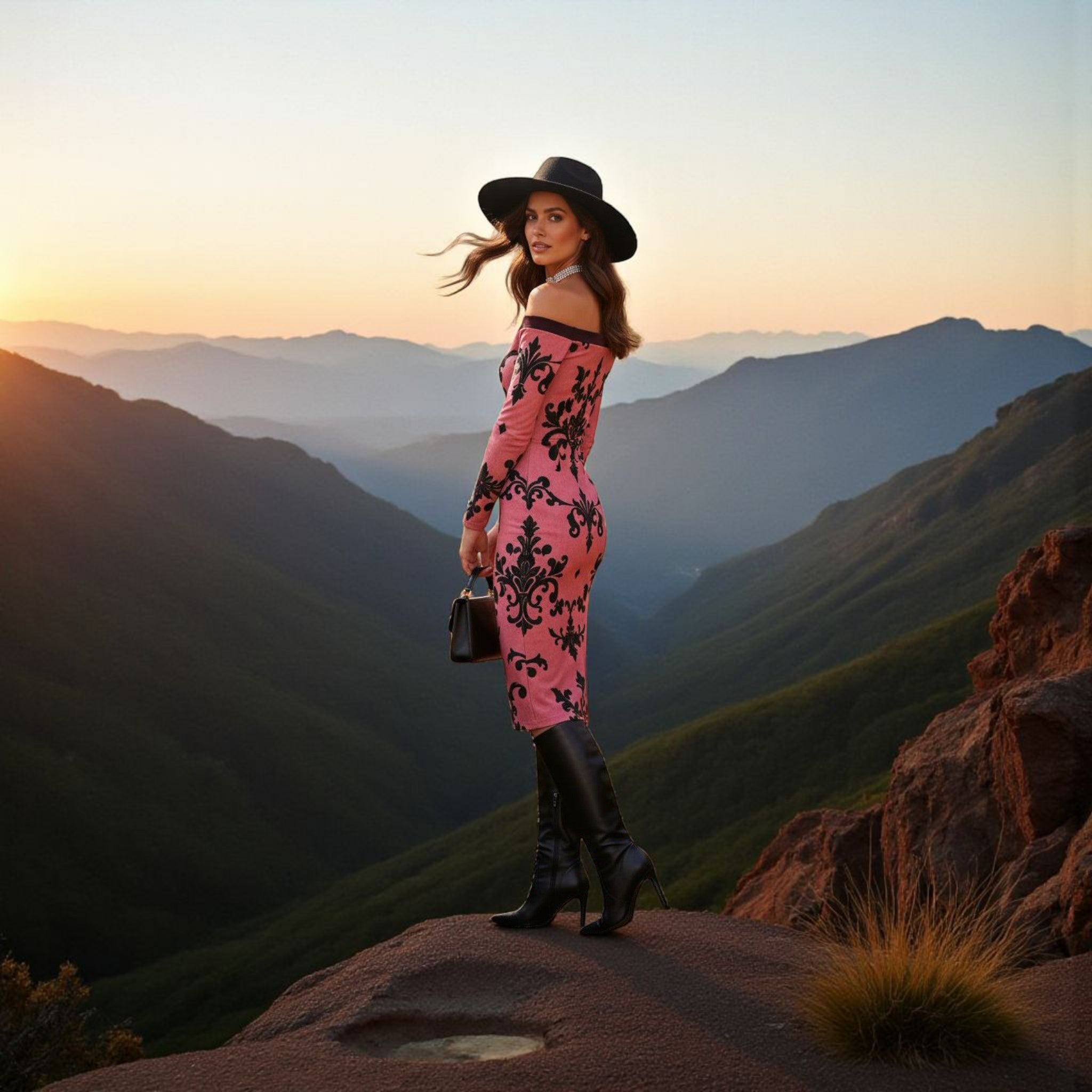 Woman wearing luxury European style cocktail dress in pink with black patterns and black hat standing on mountain at sunset