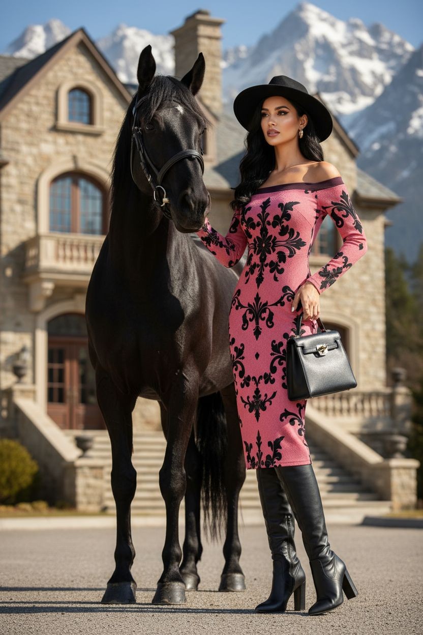 Model wearing luxury European style cocktail dress in pink with black floral pattern and knee-high boots