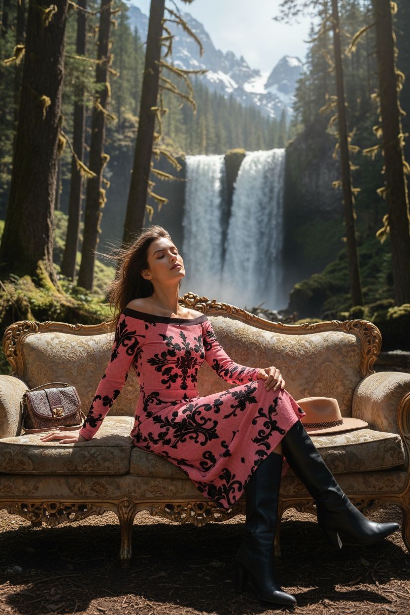 Woman wearing a luxury European style cocktail dress sitting on vintage sofa outdoors with waterfall background