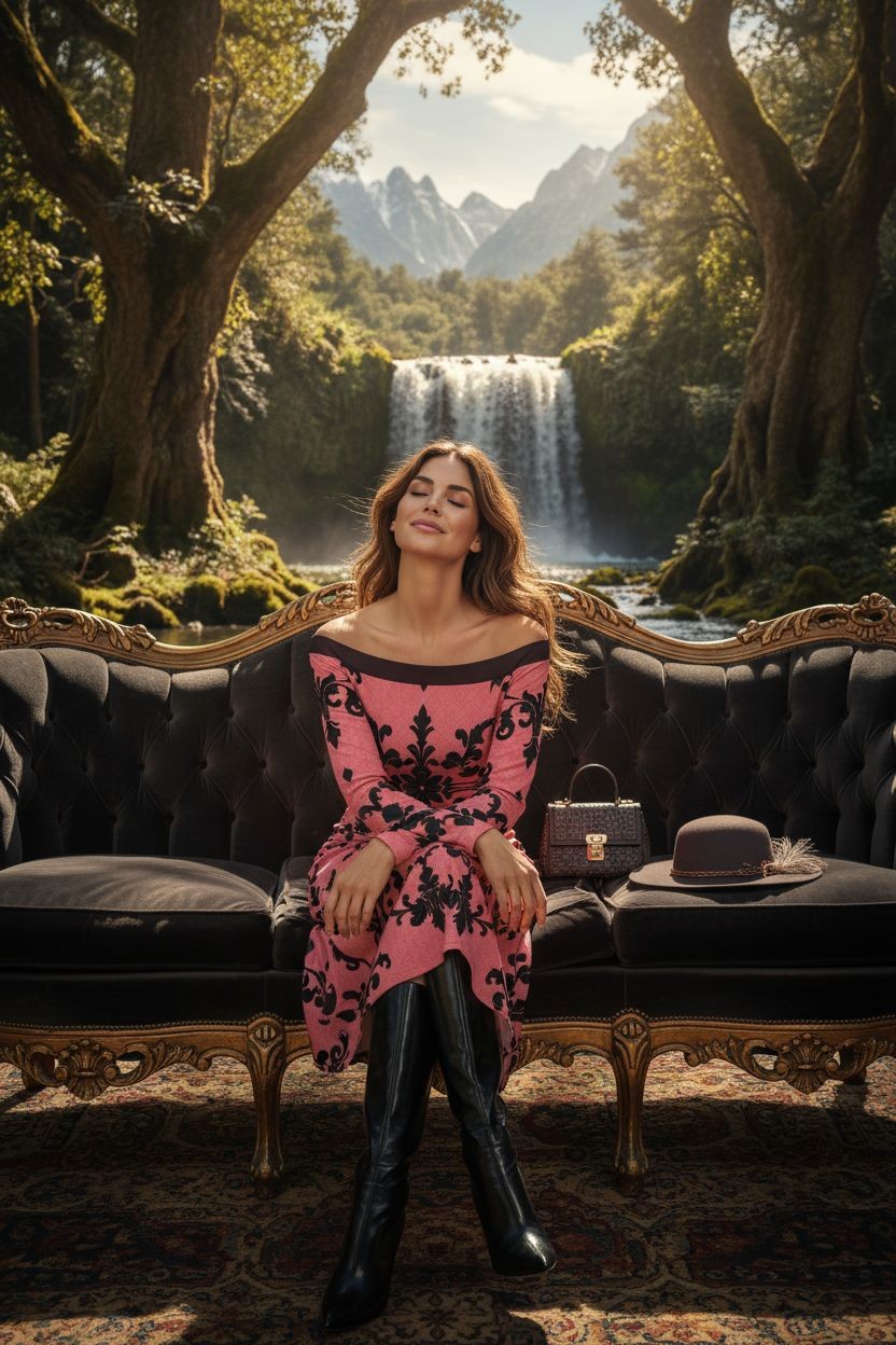 Woman wearing luxury European style cocktail dress sitting on ornate black sofa in nature setting with waterfall