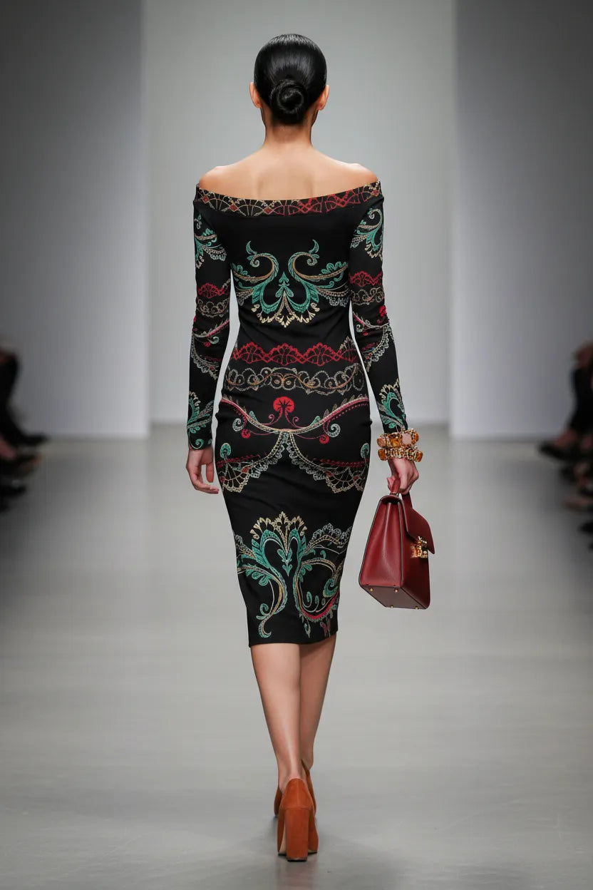 Luxury European style evening dress with intricate colorful patterns worn by model on runway