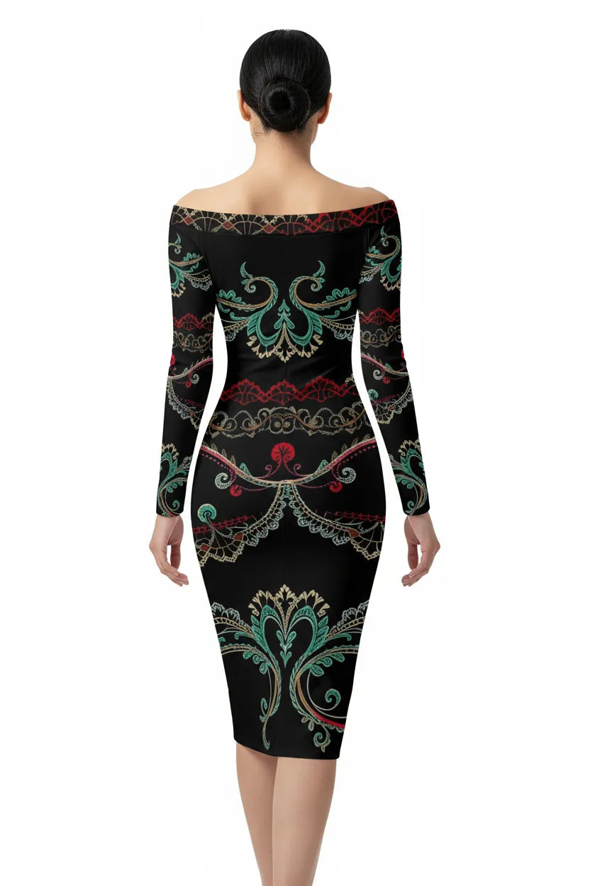 Angelic Blessings Shop luxury European style evening dress with long sleeves and intricate patterns