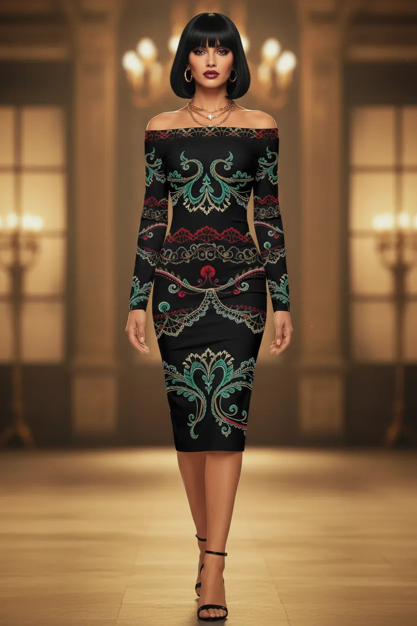 Luxury European style evening dress with off-shoulder and intricate colorful patterns from Angelic Blessings Shop