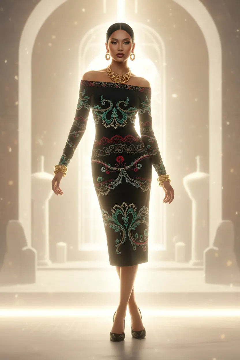 Luxury European style evening dress by Angelic Blessings Shop with intricate patterns and off-shoulder design