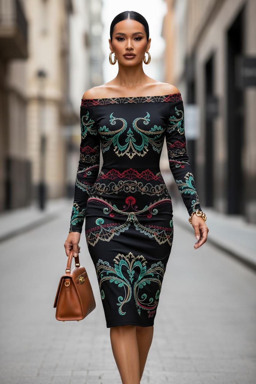 Luxury European style evening dress with off shoulder and intricate multicolor patterns from Angelic Blessings Shop