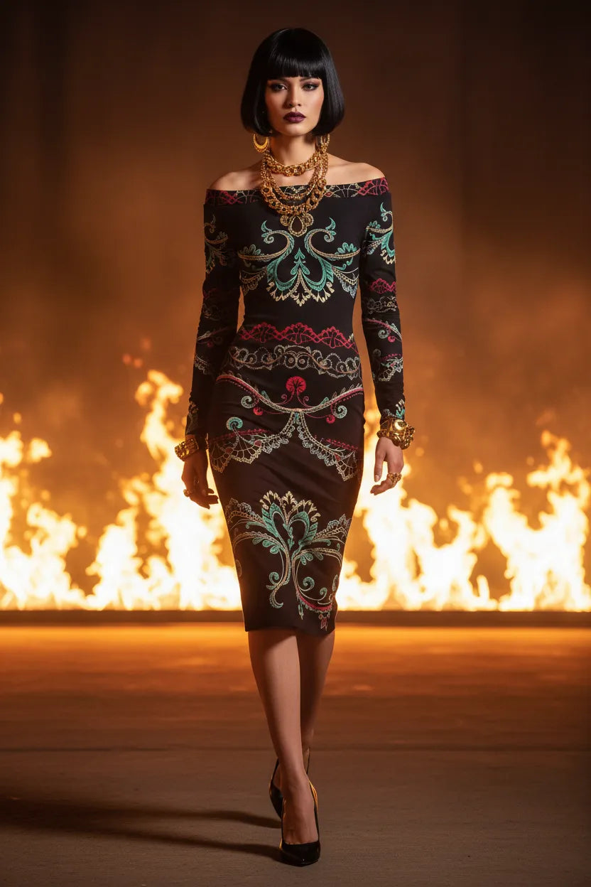 Model wearing a luxury European style evening dress with intricate patterns and off-shoulder design