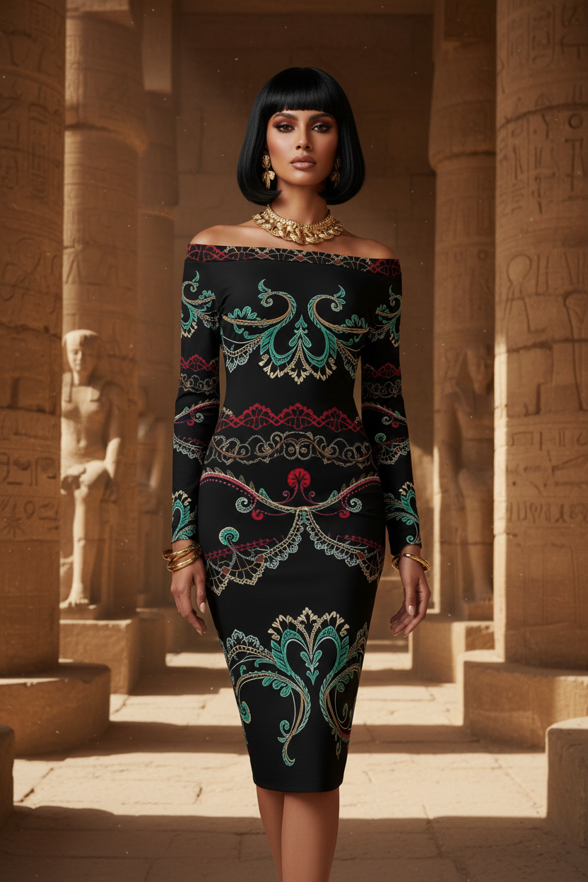 Luxury European style evening dress by Angelic Blessings Shop with intricate colorful patterns on black fabric