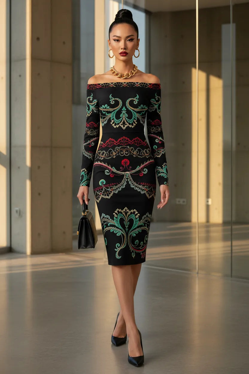 Black luxury European style evening dress with colorful intricate patterns and off-shoulder design