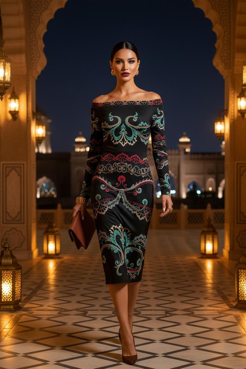 Luxury European style evening dress with intricate patterns worn by woman in elegant nighttime setting