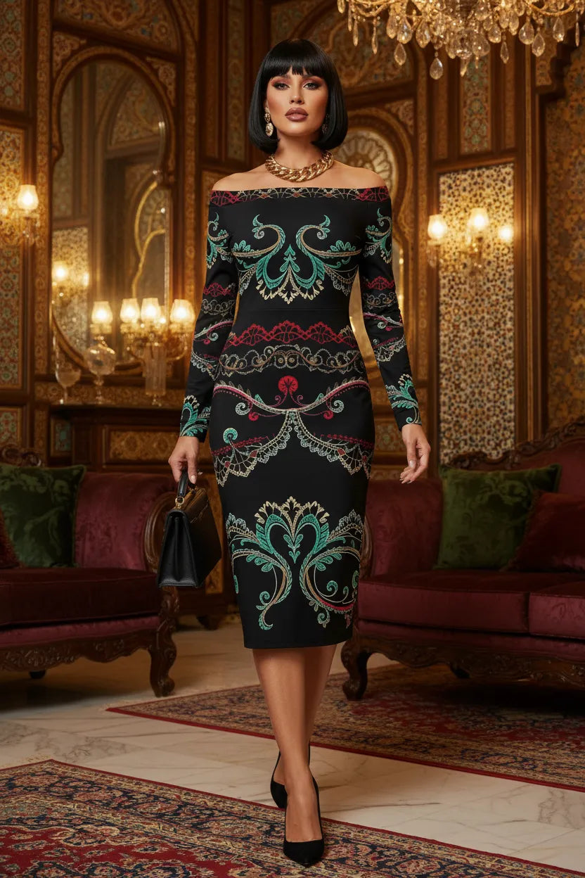 Woman wearing luxury European style evening dress with intricate green and red patterns in elegant room