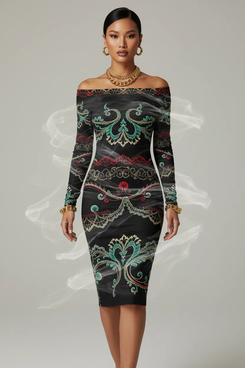 Luxury European style evening dress by Angelic Blessings Shop featuring intricate patterns and off-shoulder design