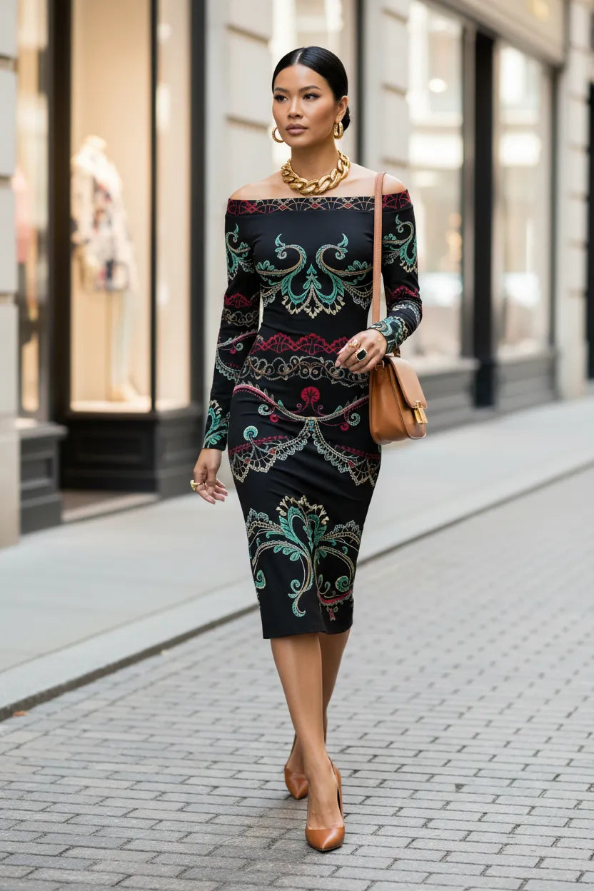 Luxury European style evening dress with intricate patterns worn by woman walking outdoors