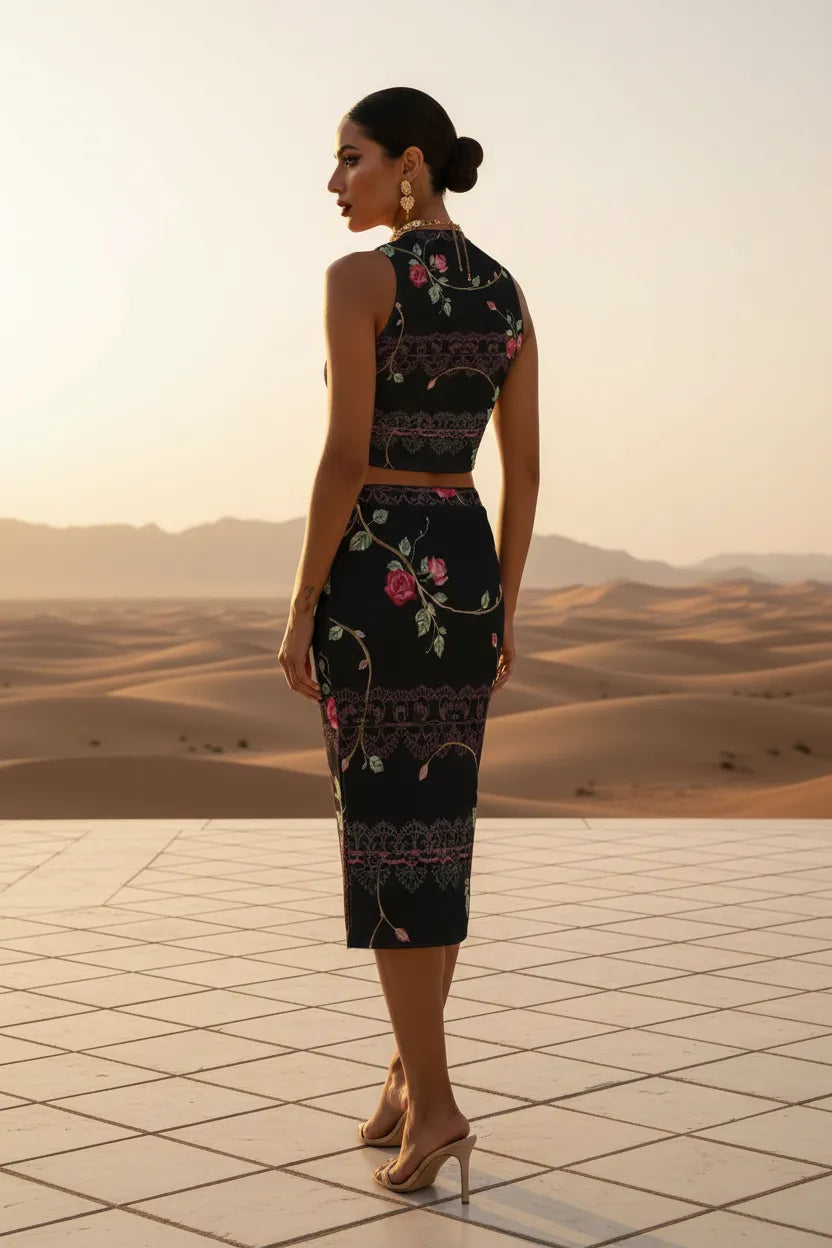 Angelic Blessing Shop luxury floral lace two-piece set with sleeveless crop top and midi skirt in black floral design