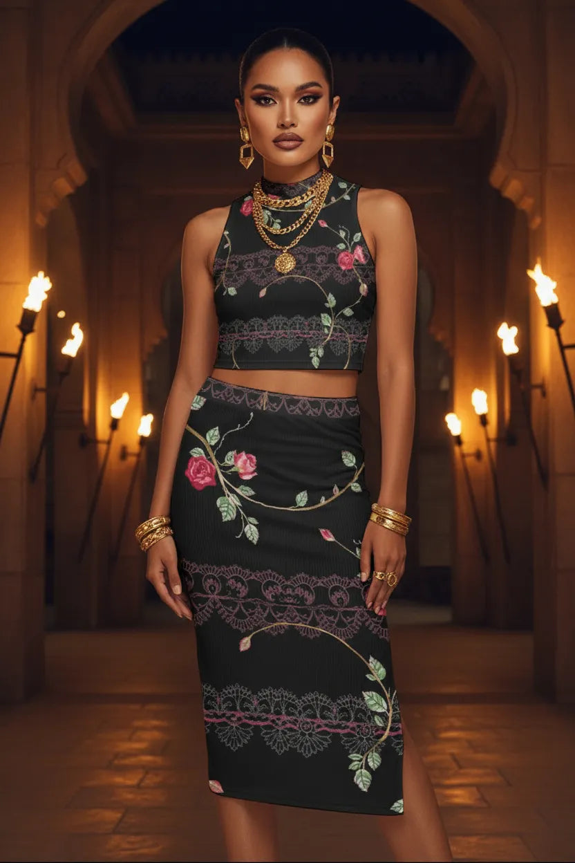 Luxury floral lace two-piece set black dress with pink and green floral embroidery