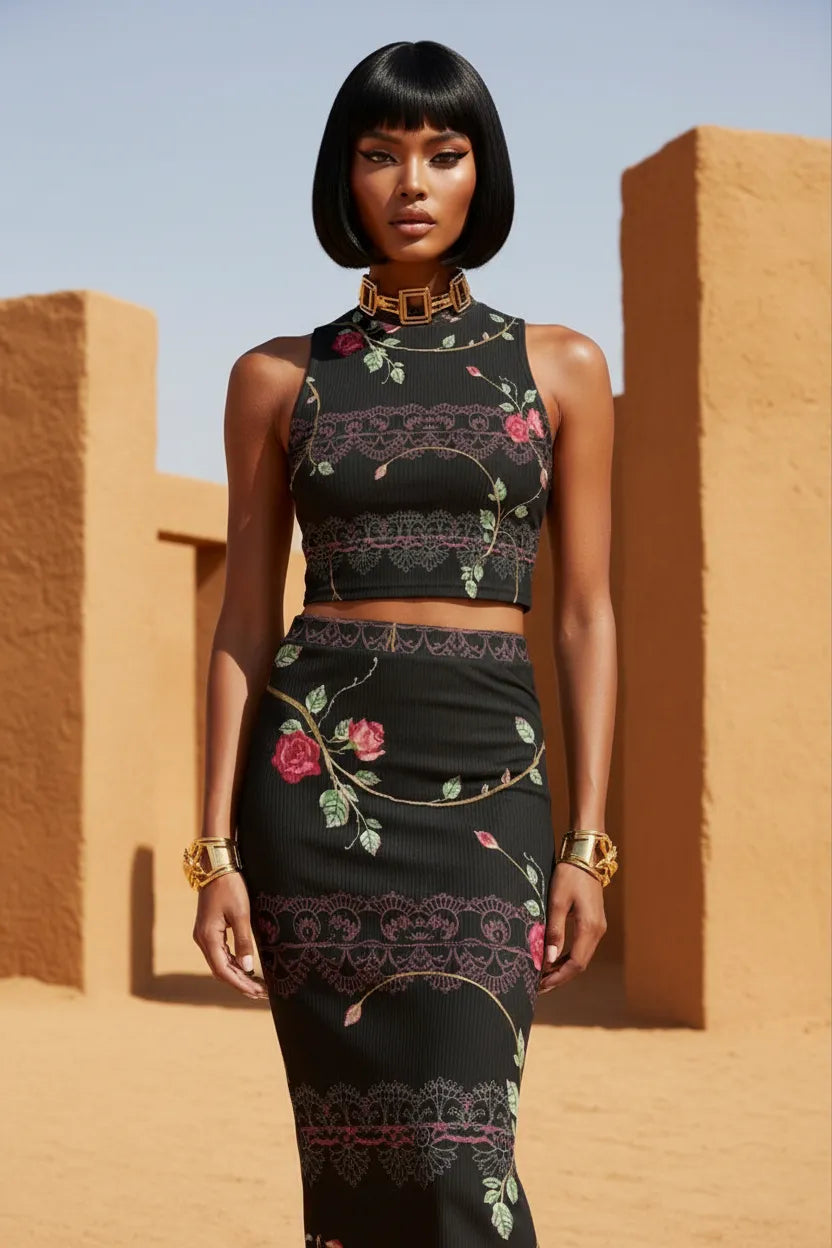 Black luxury floral lace two-piece set dress with pink rose patterns from Angelic Blessing Shop