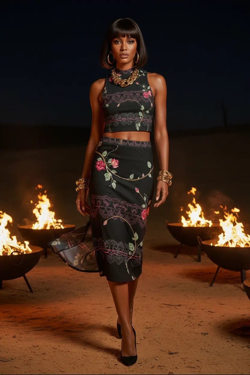 Model wearing luxury floral lace two-piece set with black and pink floral design from Angelic Blessing Shop