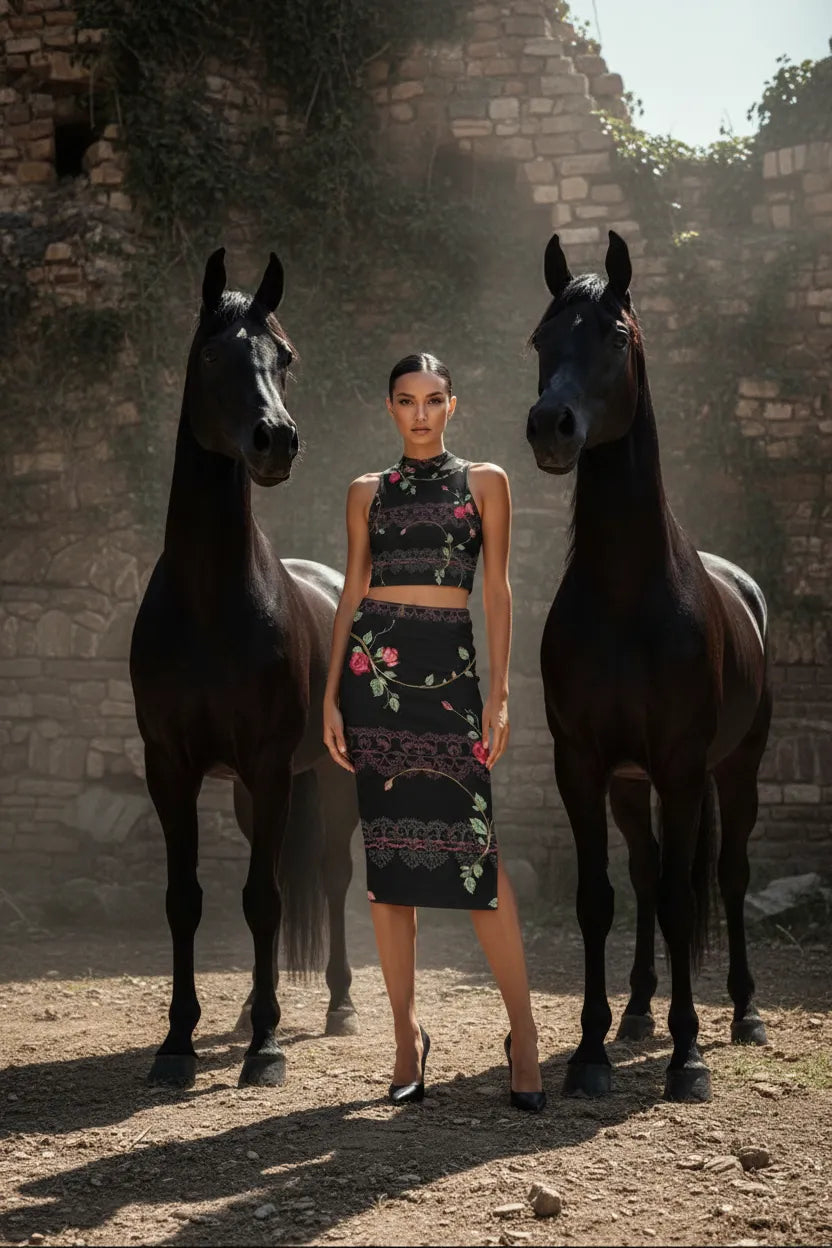 Luxury floral lace two-piece set featuring a black crop top and pencil skirt with floral embroidery