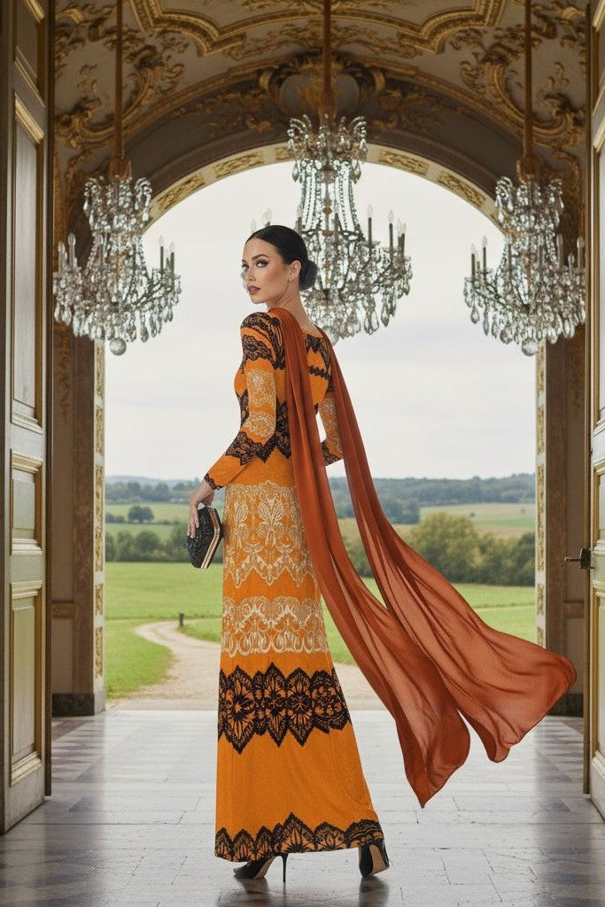 Luxury gold velvet evening gown with black lace details and flowing scarf by Angelic Blessings Shop