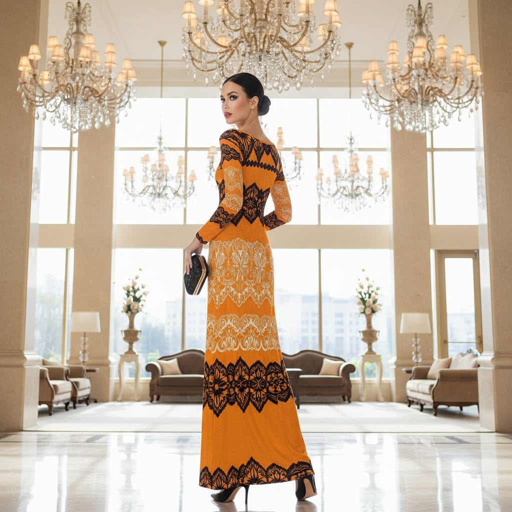 Luxury gold velvet evening gown with black lace details worn by a model in an elegant chandelier-lit hall