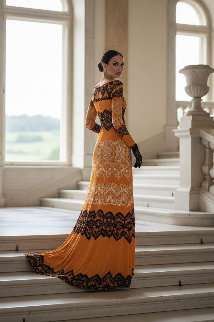Luxury gold velvet evening gown with black lace detailing worn by model on staircase