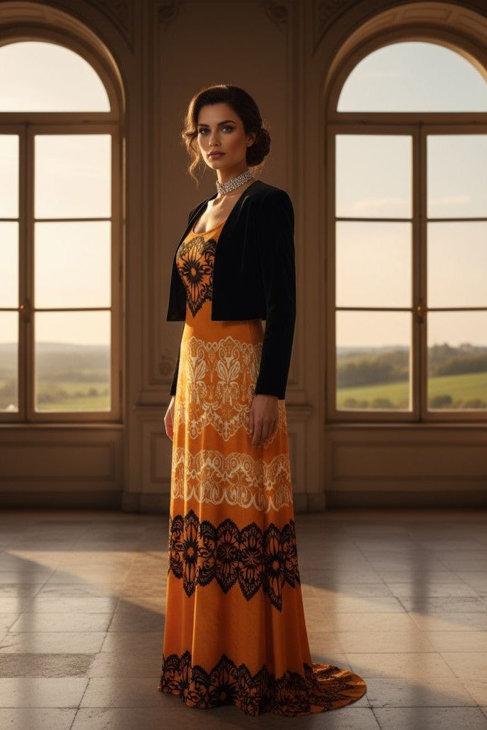 Luxury gold velvet evening gown with black lace detailing worn by model in elegant room