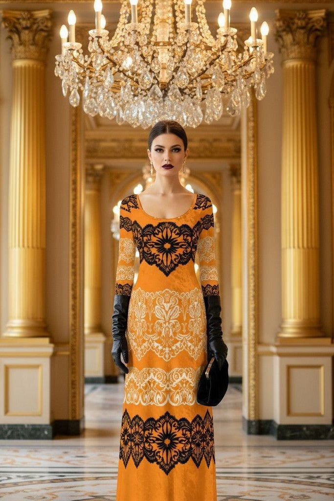 Luxury gold velvet evening gown with black lace details worn by model in grand chandelier hall