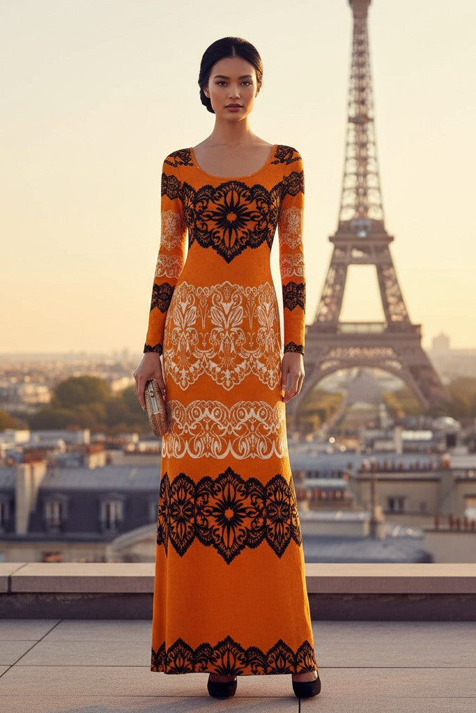 Luxury gold velvet evening gown with black and white patterns worn by model in front of Eiffel Tower